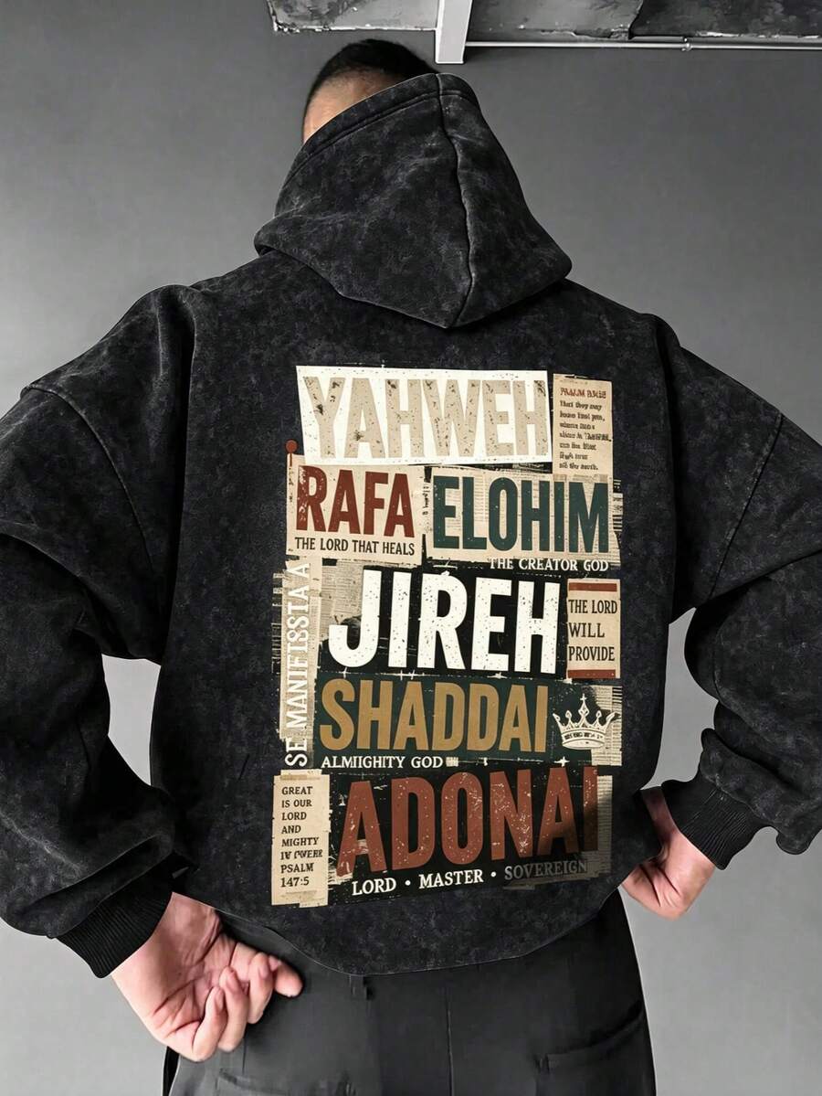 Men's Washed Distressed Back Graphic Vintage Patchwork Hoodie, Retro Newspaper Style Faith Loose Streetwear Sweatshirt - Black - View 1