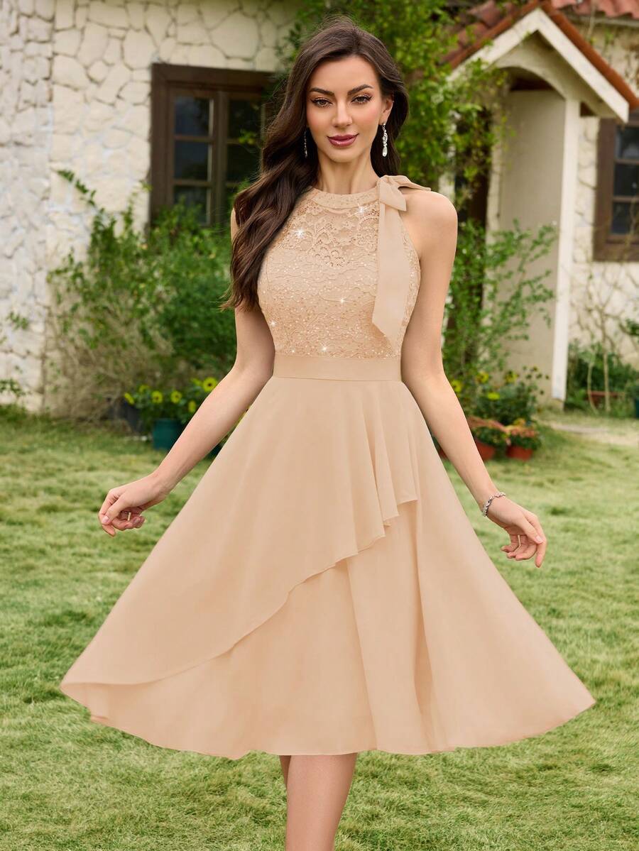 MIUSOL Sequin Floral Lace Patchwork Halter Neck Cocktail Dress, Suitable For Birthday, Wedding Guest, Evening Party Summer Elegant