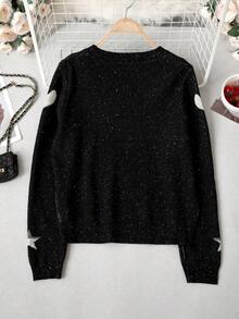 Korean Style Sweet Cute Snowflake Star Heart Jacquard Long Sleeve Knit Sweater Women Autumn Winter Loose Round Neck Thick Pullover Top, Winter Christmas Snowy Day Outfit - Black - View 9