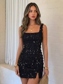 Women's Sexy Black Sequin Fitted Mini Dress, Slit Design, Sleeveless Spaghetti Strap Pencil Skirt, Suitable For New Year's Party - Black - View 1