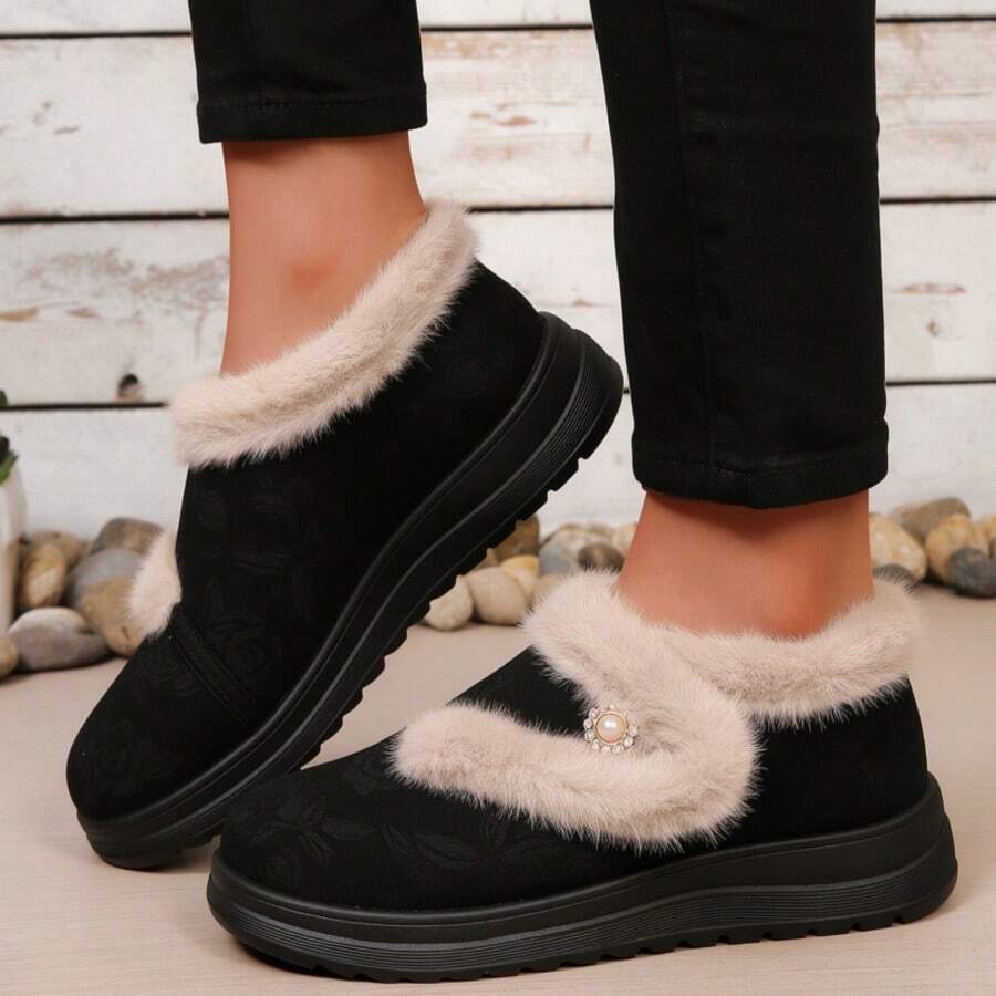 Los Sankii Vintage Dark Pattern Mom Shoes, Autumn/Winter Plush Trim Pearl Buckle Thick Sole Warm Ankle Boots - Black - View 1