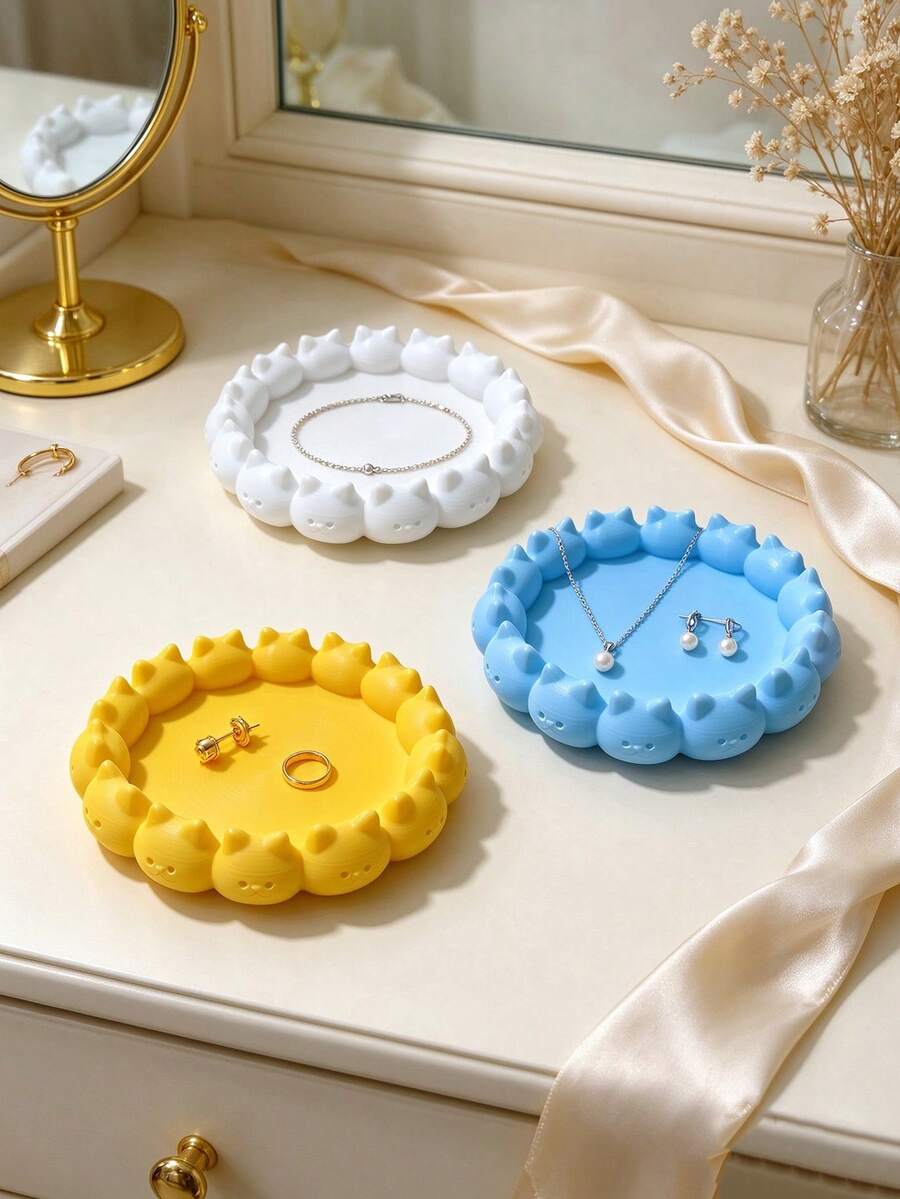 Cute Cat Lace Jewelry Tray Macaron Color Cartoon Kitten Storage Dish Vanity Ring Earring Necklace Organizer Girly Desktop Decor Ornament 3D Printed Jewelry Storage Tray