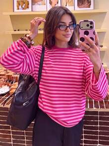 Women's Striped Long Sleeve Crew Neck Loose Casual Basic T-Shirt Y2K Street Style Top - Rose Red - View 1