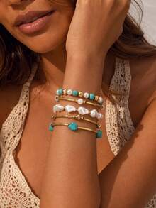 5pcs/Set Bohemian Style Turquoise Faux Baroque Faux Pearl Elastic Exquisite Bracelet Set, Fashionable Women's Versatile Hand Jewelry Suitable For Daily Wear, Dating, Shopping And Party - Multicolor - View 1