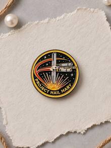 1pc Vintage Sci-Fi Metal Black & Gold Starry Spaceship English Lettering Round Brooch, Women's Daily Backpack & Jacket Decoration Gift - Multicolor - View 5