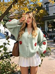 French Chic V-Neck Knit Cardigan With 3D Handmade Floral Accents, Loose Fit Soft Cozy Sweater Jacket Top - Mint Green - View 1