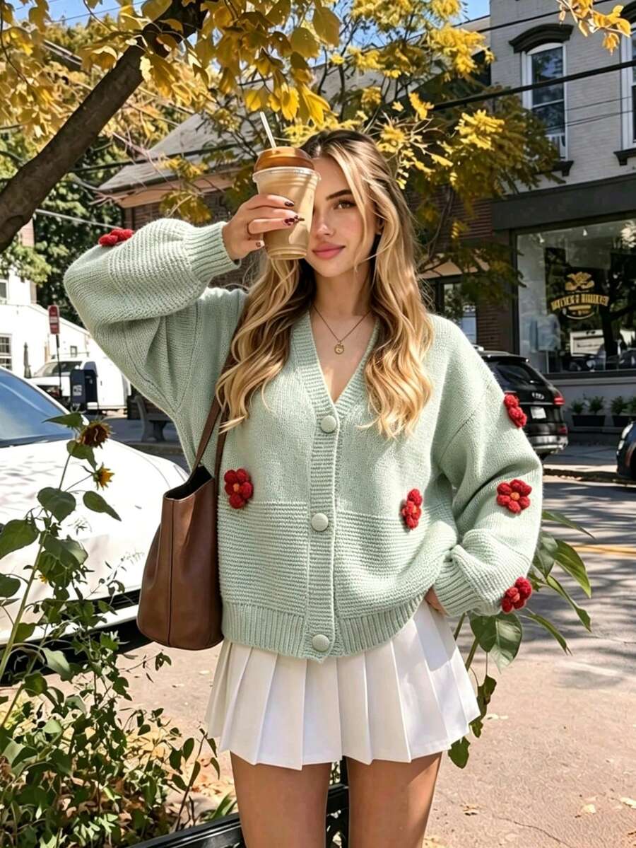 French Chic V-Neck Knit Cardigan With 3D Handmade Floral Accents, Loose Fit Soft Cozy Sweater Jacket Top - Mint Green - View 1