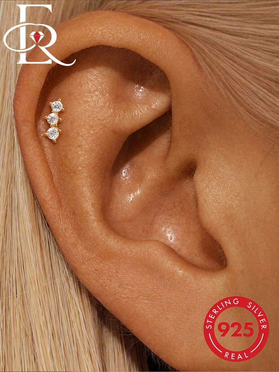 EleRunis 1pc 925 Sterling Silver Tiny Triple Stud Earrings, 5/6/8mm Flat Bottom Ear Cartilage Helix Earrings, Suitable For Daily Wear, Weddings, Parties, Engagements, Anniversaries, Valentine's Day, Delicate Jewelry - Gold - View 1
