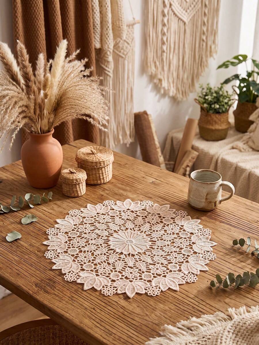 1/2/4/6pcs Ditsy Floral Embroidered Solid Color Round Placemats, Bohemian Style Kitchen Decor, Dining Table Mats, Coasters For Cups/Bowls/Plates, Non-Slip, Suitable For Holidays, Parties, Birthdays, Weddings, Dinners, Offices, Coffee Tables, Home Decor, All Seasons