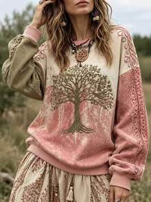 Bohemian Vintage Women's Colorblock Tree Of Life Pattern Retro Floral Print Crew Neck Pullover - Multicolor - View 6