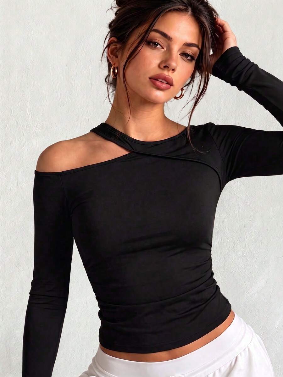 Women's Asymmetrical Shoulder Strap Long Sleeve Sports Top Side Ruched Slim Fit Flattering Yoga Fitness Running Long Sleeve T-Shirt - Black - View 1