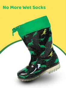 Dinosaur Print Kids Rain Boots, Anti-Slip Wear-Resistant Rubber Waterproof Rain Boots For Boys With Elastic Cuff - Olive Green - View 6