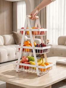 2/3 Tier Drainage Storage Basket With Wooden Handle, Sturdy Countertop Organizer For Kitchen & Bathroom, Fruit Vegetable Storage, Space Saving Home Storage Basket - Multicolor - View 5