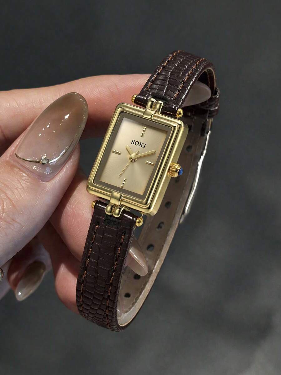1pc Vintage Quartz Watch, Daily Wear, PU Leather Strap, Square Dial, Business Casual Minimalist Style Compact Watch, Gift Selection - Brown - View 1
