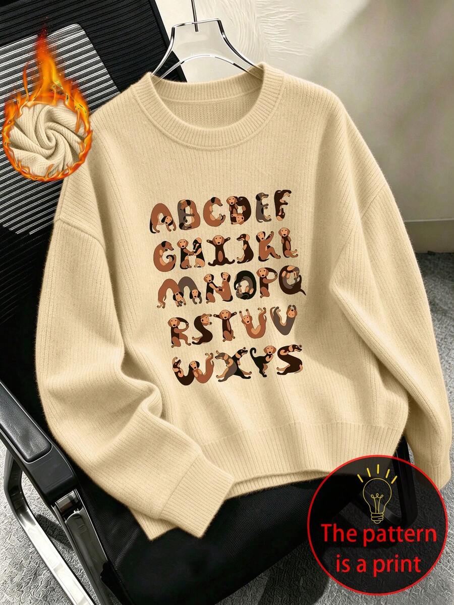 Plus-Size Women's Knitted Sweater-Style Top With Letter And Dachshund Prints, Casual And Simple, Suitable For Autumn And Winter, Everyday Wear. - Apricot - View 1