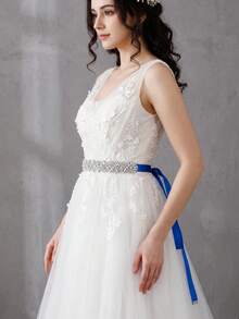 Handmade Rhinestone Bridal Wedding Dress Belt Blue Satin Cinched Waist Decor Luxury Bridesmaid Dress Waist Cincher Accessory - Blue - View 8