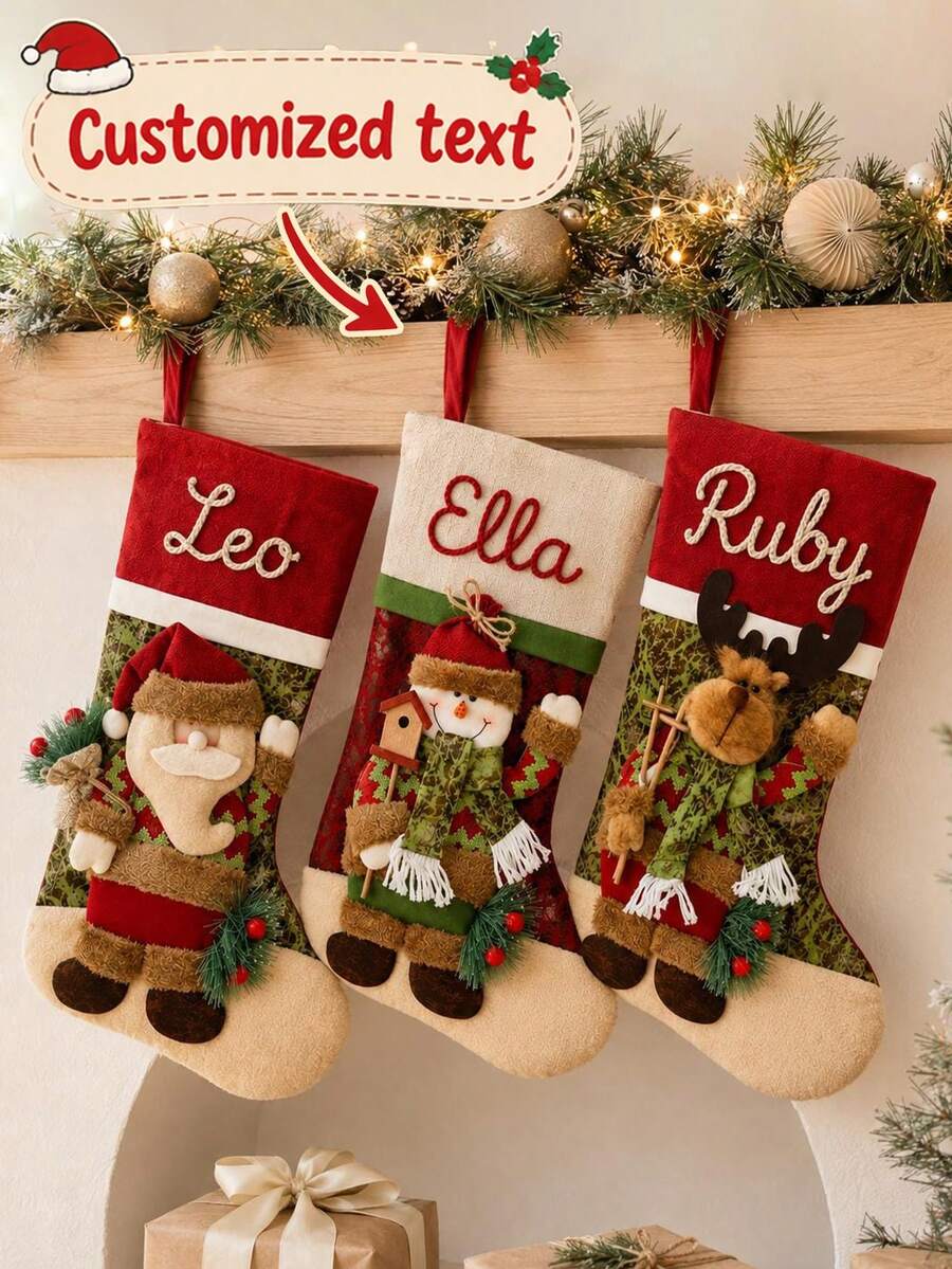 Personalized Christmas Stockings With 3D Santa, Snowman Or Reindeer Decorations, Holiday Hanging Decor, Suitable For Fireplace Mantel Decoration - Multicolor - View 1