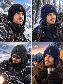 Mũ len dệt unisex lót nỉ có che tai, mũ beanie mùa đông gân dày, mũ skull cap xắn gấu chống gió giữ ấm, phù hợp cho thể thao ngoài trời - Nhiều màu - Xem 7