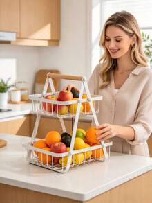 2/3 Tier Drainage Storage Basket With Wooden Handle, Sturdy Countertop Organizer For Kitchen & Bathroom, Fruit Vegetable Storage, Space Saving Home Storage Basket - Multicolor - View 3
