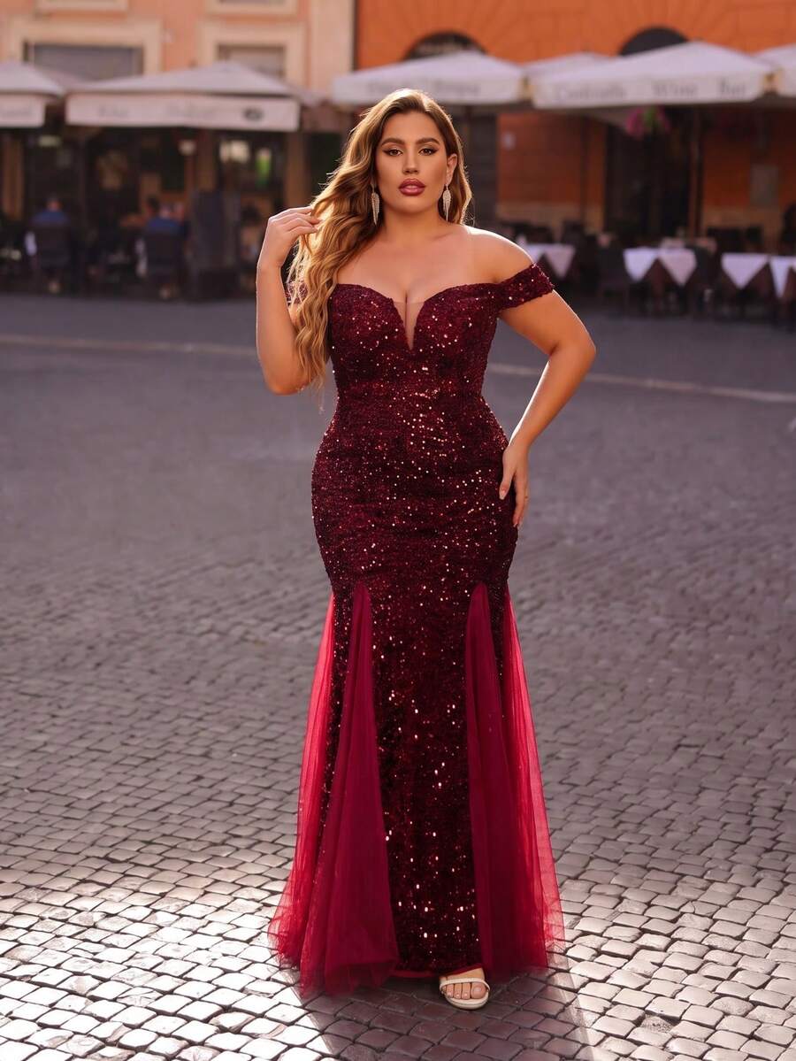 Plus Size Women's Off-Shoulder Burgundy Sequin Backless Mesh Patchwork Extra Long Party Ball Evening Gown - Burgundy - View 1
