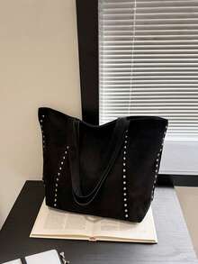 Yogodlns Large Capacity Suede Tote Bag With Rivet Decor Textured Handbag, Commuter Shoulder Bag, Casual Winter Underarm Bag - Black - View 7
