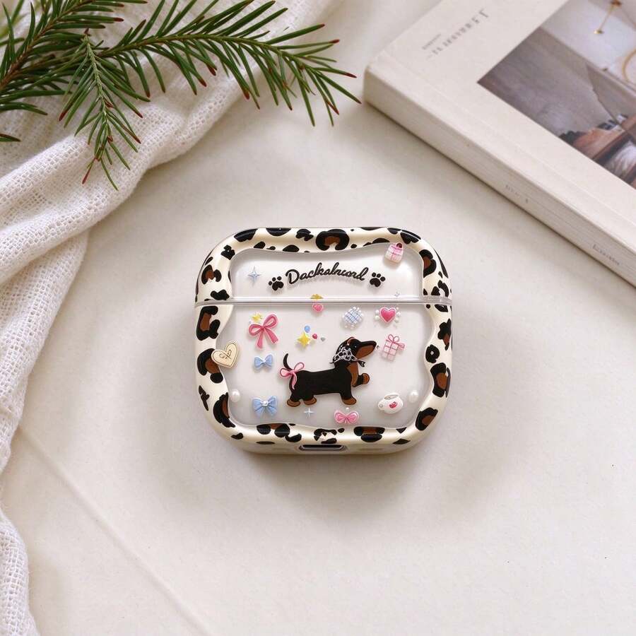 1pc Beige Brown Leopard Print Border, Printed With Cute Dachshund ...