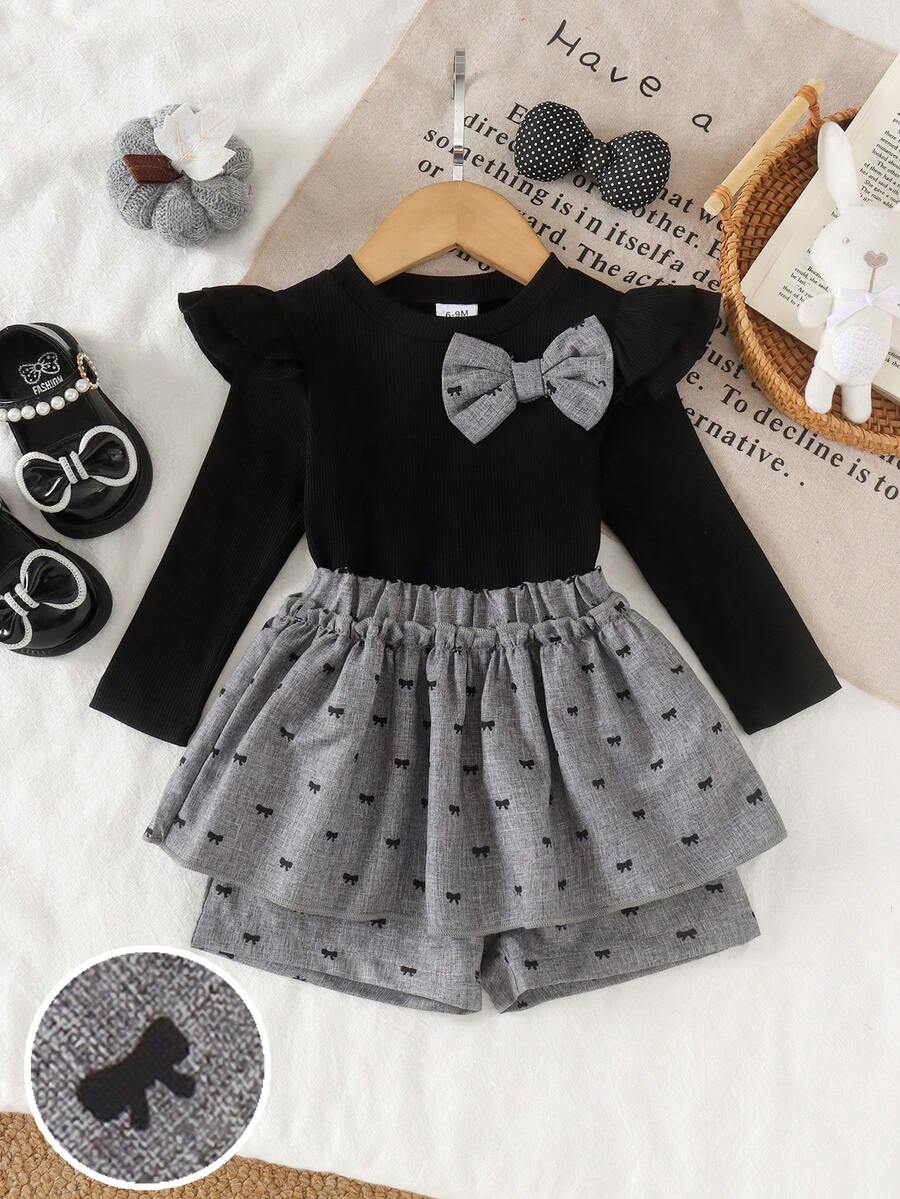 2pcs Baby Girl Cute 3D Ribbed Long Sleeve Top & Printed Shorts Set, Thin Spring/Autumn - Black - View 1