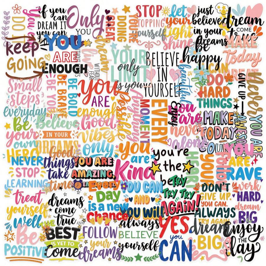 50pcs Colorful English Inspirational Short Sentences PET Graffiti Stickers Suitable For Decorative Phone Cases Cup Guitar Creative Reward Gift Decal - one-size - View 1