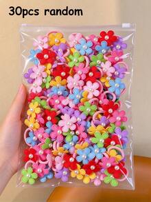 30pcs Kids Multicolor Towel Ring Pearl Flower Small Hair Ties, High Elasticity, Non-Damaging Hair Accessories For Girls And Babies, Daily Use - Multicolor - View 8