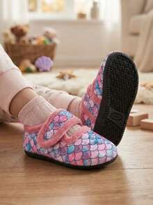 Fish Scale Kids Indoor Slippers Girls Soft Rubber Sole Lightweight Warm Comfortable Colorful Leopard Print Hook And Loop Toddler Mid-Child Autumn Winter - Multicolor - View 8