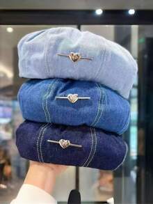 1PC Washed Denim Beret, Women's Street Style Versatile Octagonal Hat, Face-Slimming Painter Hat, Heart-Shaped Newsboy Cap, Women's Hat - Beret - View 1
