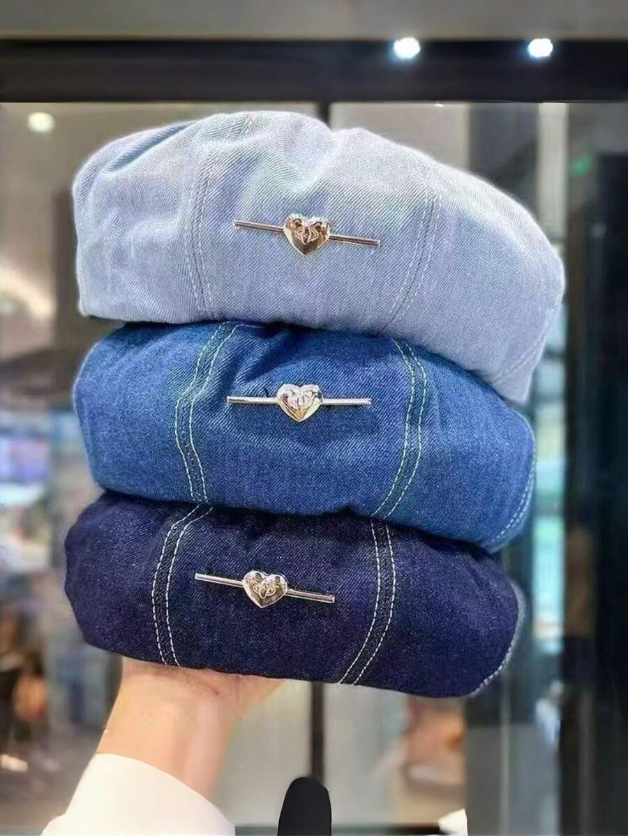 1PC Washed Denim Beret, Women's Street Style Versatile Octagonal Hat, Face-Slimming Painter Hat, Heart-Shaped Newsboy Cap, Women's Hat - Beret - View 1
