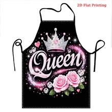 1 Pc QUEEN Letter-Patterned Apron, Featuring A Beautiful Design Of A Crown And Roses. This Apron Is Suitable For Both Cooking And Work. - Black - View 6