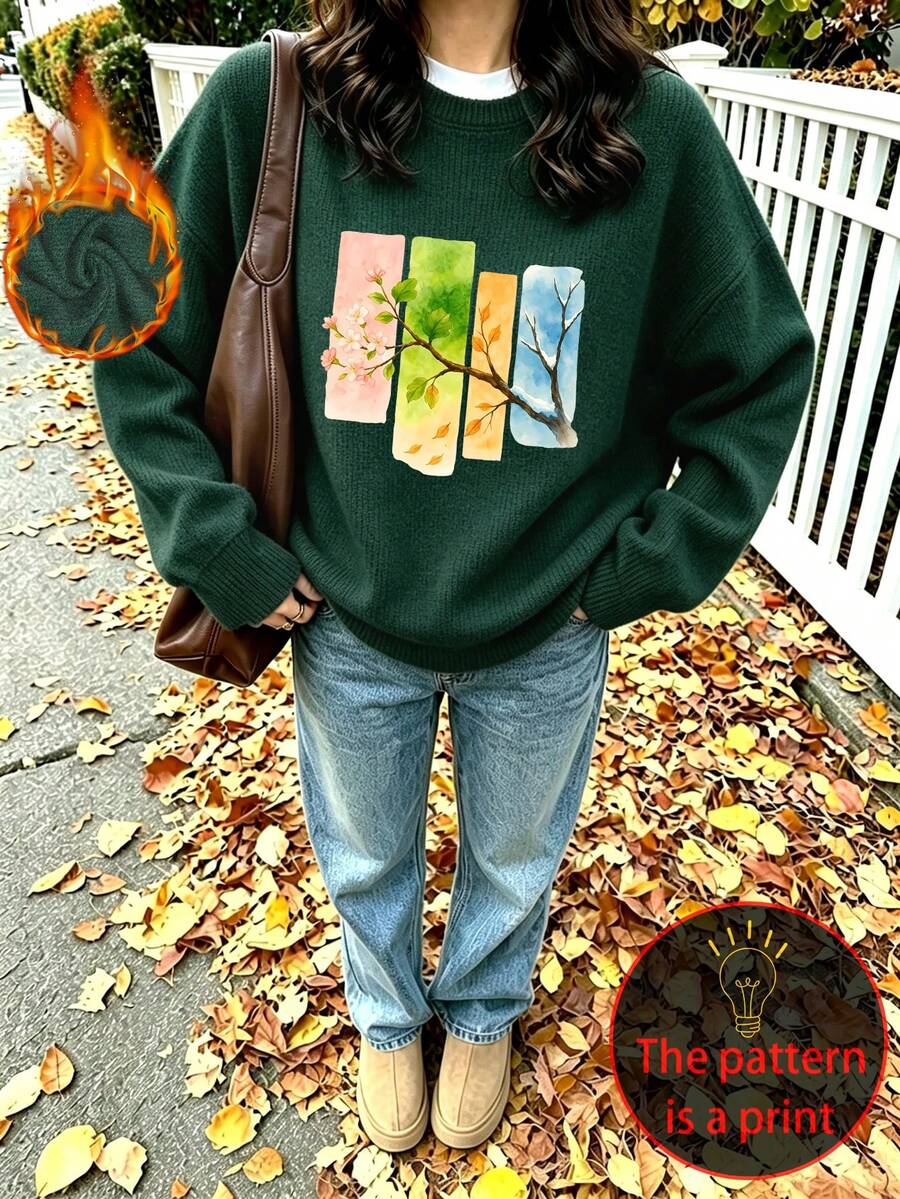 Plus-Size Women's Knitted Sweater-Style Top, Watercolor-Style All-Season Prints, Casual And Simple, Autumn And Winter Wear, Suitable For Everyday Use. - Dark Green - View 1