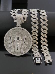 1pc European And American Hip Hop Round Badge Jesus Cross Rhinestone Pendant Necklace, Full Rhinestone Cuban Chain, Men's Street Style Fashion Accessory - pendant necklace - View 6