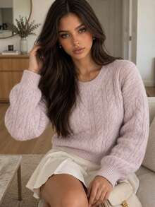 Yuwenier Light Purple Cable Knit Sweater Round Neck Long Petal Sleeve Soft Fuzzy Fabric Loose Cropped Fall Winter Casual Street Outfits - Mauve Purple - View 3