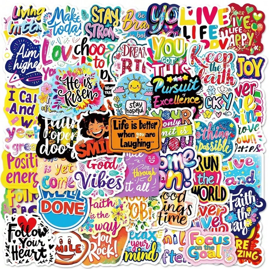 50Pcs Positive Uplifting English Phrase Stickers, PP Material Waterproof Decorative Decals For DIY Journal & Water Bottle - 50 PCS - View 1