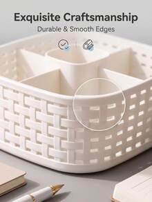 PP Faux Rattan Multi-Compartment Desktop Organizer, Plastic Divided Storage Basket, Makeup Brush Lipstick Cosmetic Storage Rack, Suitable For Bedroom Vanity And Office Desk Stationery Organizer - View 8