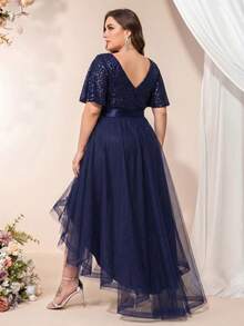 XUCTHHC Plus Size Elegant Party V-Neck Ruffle Sleeve Sequin High-Low Hem Mesh Skirt Formal Ball Gown, Wedding Guest, Cocktail Party, Holiday, Autumn/Winter - Navy Blue - View 2