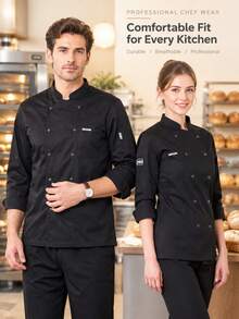 New Fashion Chef Uniform Unisex Long Sleeve, High-End Hotel/Restaurant/Bakery/Cafe Workwear, Stylish & Personalized Design With Horseshoe Cuff, Oblique Placket, Comfortable & Convenient, Pen Pocket For Small Items Storage - Black - View 4