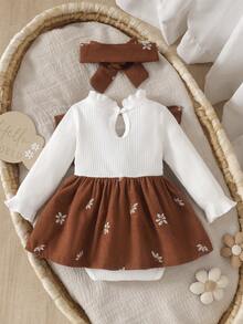 1pc Baby Girl Cute Sweet Long Sleeve Ribbed & Corduroy Patchwork Embroidered Bodysuit With Headband, Spring/Autumn Thin - Mocha Brown - View 2