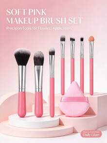 8Pcs Pink Makeup Brush Set,Professional Face&Eye Makeup Tools For Powder Blush Foundation Eyeshadow,Beginner Friendly Cosmetic Brushes Kit For Daily Makeup Application - Pink - View 2
