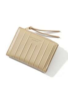 Women's Short Zipper Wallet, Ribbed PU Leather Card Holder, Solid Color Coin Purse, Black Apricot Pink - Multicolor - View 11