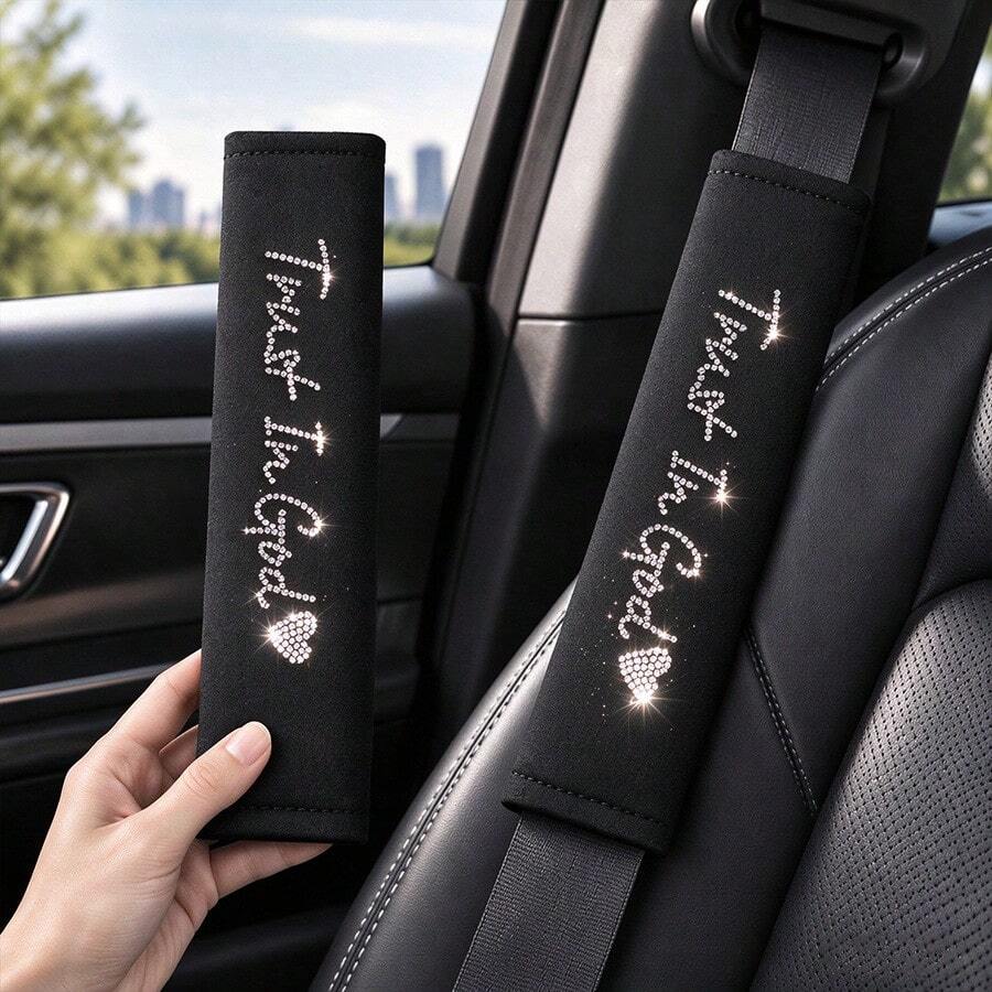 2pcs Rhinestone Car Seat Belt Shoulder Pads, Sparkling Rhinestone Trust In God Letter Heart Pattern, Soft Thickened Seat Belt Shoulder Cushion, Universal Car Seat Belt Protector, Women's Car Interior Decoration - Rhinestone Shoulder Pads - View 1