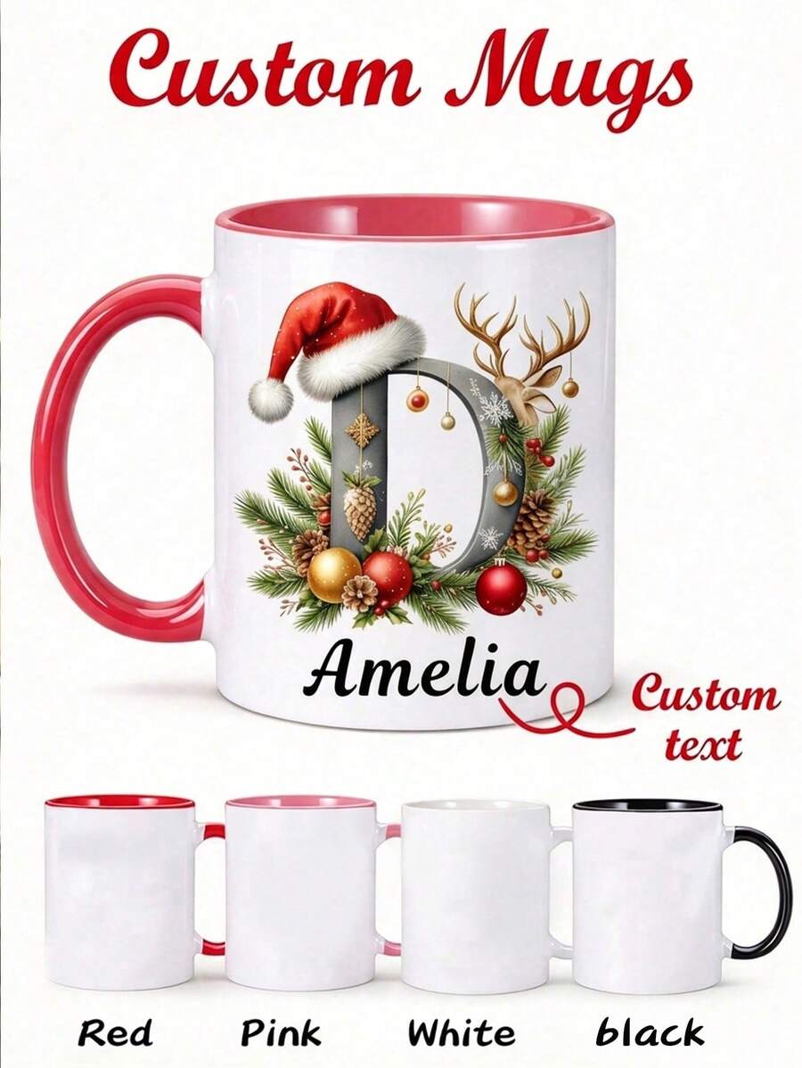 Set Of 1, 2, Or 4 Personalized Christmas Mugs With Name Or Initials – Coffee Mug For Coffee, Tea & Hot Chocolate – Christmas Gift For Family, Friends, Colleagues & Couples – Custom Mug For Everyday Use & Christmas