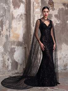 1PC Black Beaded Tulle Long Train Cape, Sheer Stand Collar Wedding Shawl, Dark Style Gown Overlay For Photoshoot - Multicolor - View 2