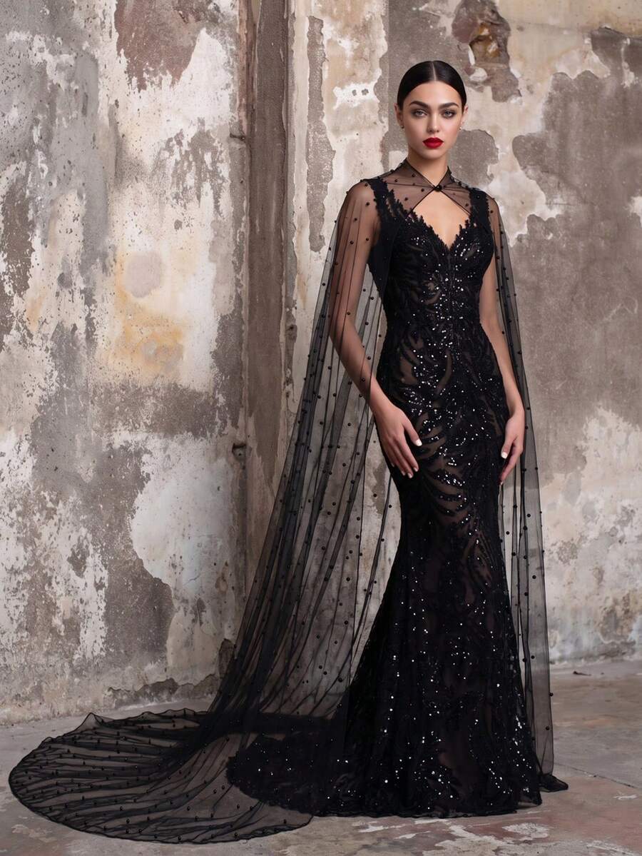 1PC Black Beaded Tulle Long Train Cape, Sheer Stand Collar Wedding Shawl, Dark Style Gown Overlay For Photoshoot