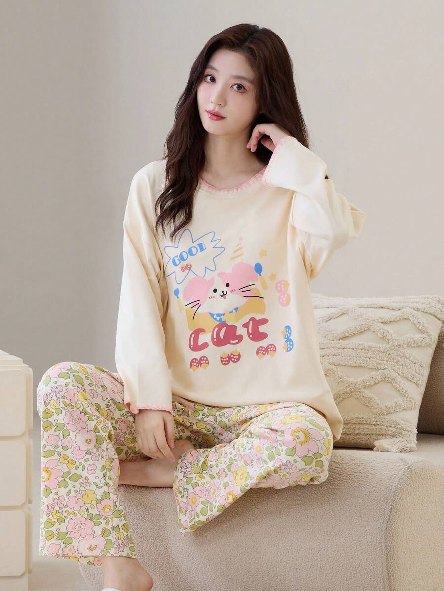 Women's Round Neck Cartoon Print Pajama Set, Shell Flower Long Sleeve Top + Long Pants With Pockets, Cute Pajama Set, Women's Loungewear Set - Apricot - View 1