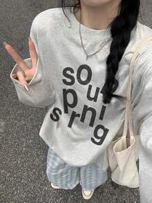 女款寬鬆極簡時尚百搭字母印花長袖T恤，秋冬休閒款 - 淺花灰 - 查看 2