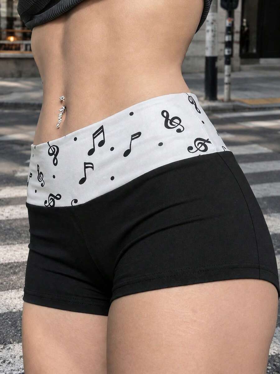 Music Note Print Y2K Summer Music Festival Bottoms, Music Note Print Fold Waist Super Low Waist Super Short Black Mini Shorts